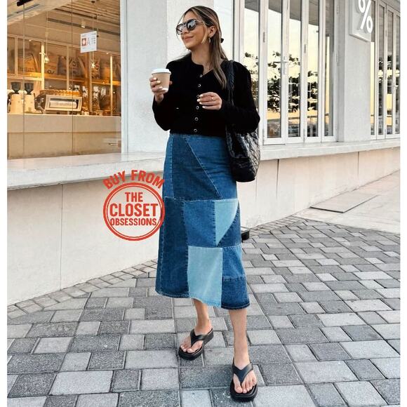 MANGO Patchwork Denim Midi Skirt NWT | Blue Cotton A-Line - Picture 6 of 16